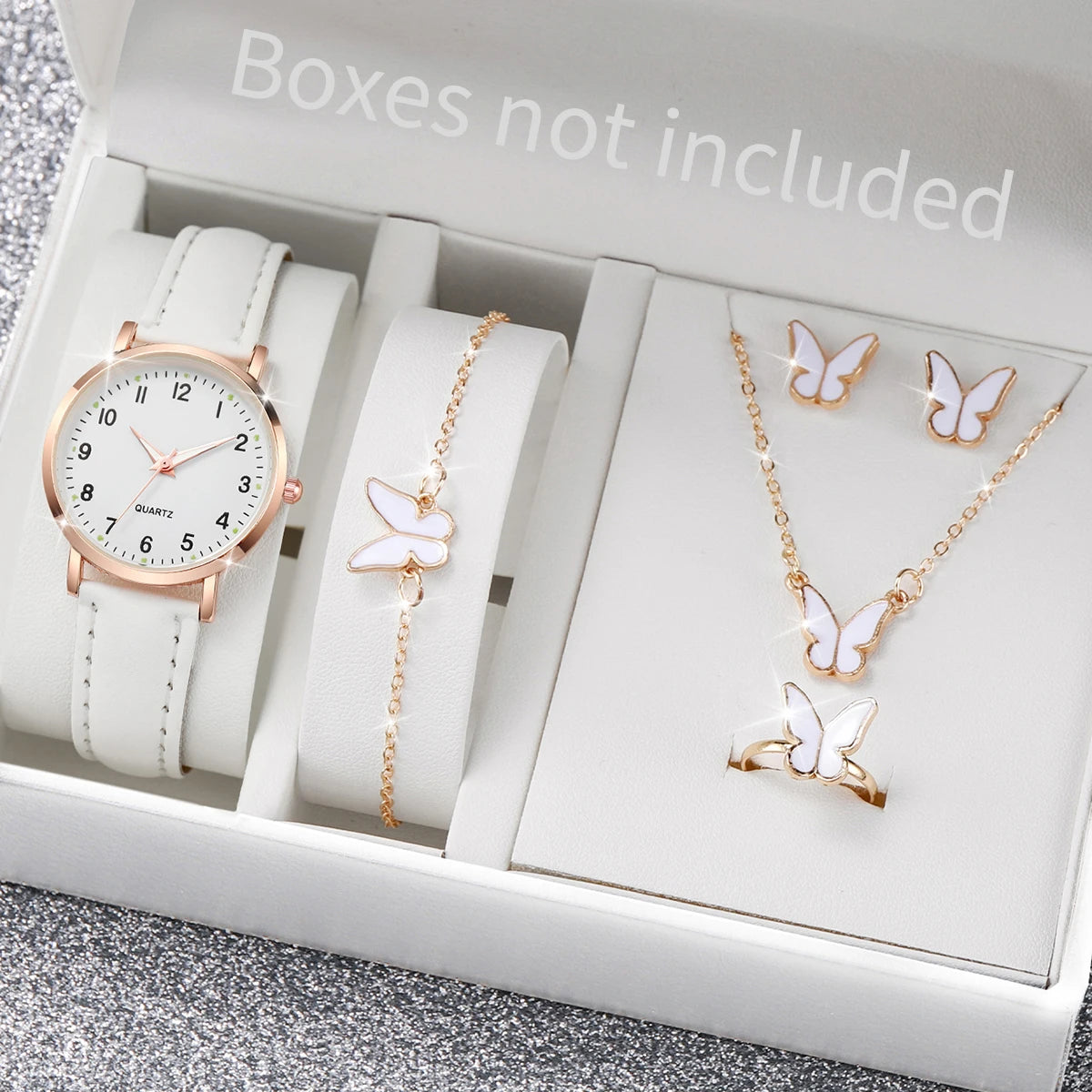 6PCS Women's Watch Fashion Arabic Dial Leather Band Quartz Watches Butterfly Jewelry Set（Without Box）