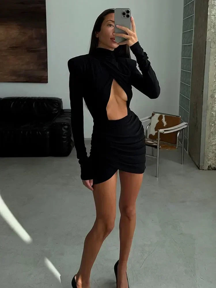 Lady Black Hollow Out Mini Dress Women's Long Sleeve Sexy High Collar Slim A-line Dresses 2025 Evening Party Club Gowns Autumn