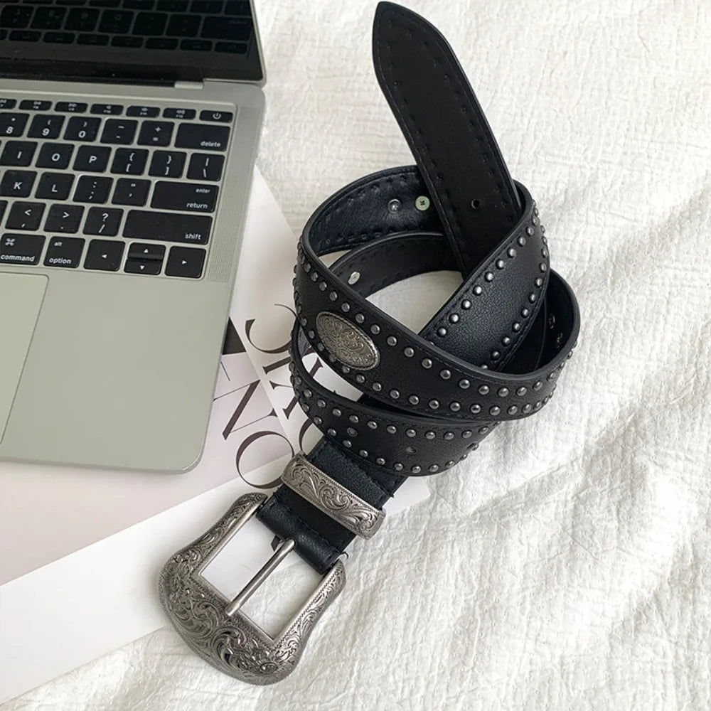 Strap Buckle Cool Black Rivet Belt American Style Wide PU Vintage Waistband Adjustable Alloy Coffee Y2K Belt Waist Seal