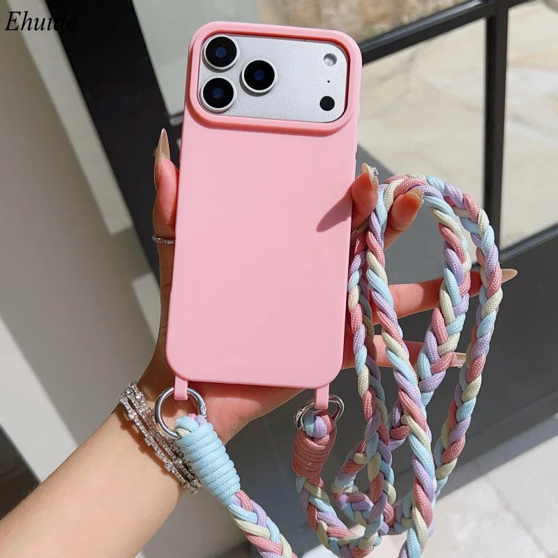 Fashion Lanyard Case For iPhone 17 Pro Max 18 14 12 11 13 15 16 Plus Air Shockproof Candy Crossbody Neck Cord Braid Strap Cover