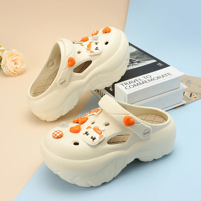 2024 New Sandals DIY Cute Cartoon Clogs Women Mules 7cm Platform Beach Slippers Cave Hole Female Garden Shoes For Students Girls