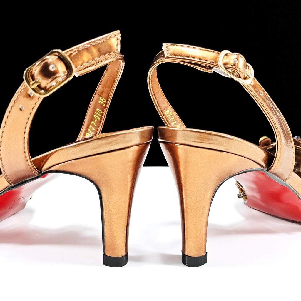 QSGFC Italian Design Rhinestones and Coral Stones Ladies Party Shoes High Heels Pointed Toe Coffee Color Women's Shoes
