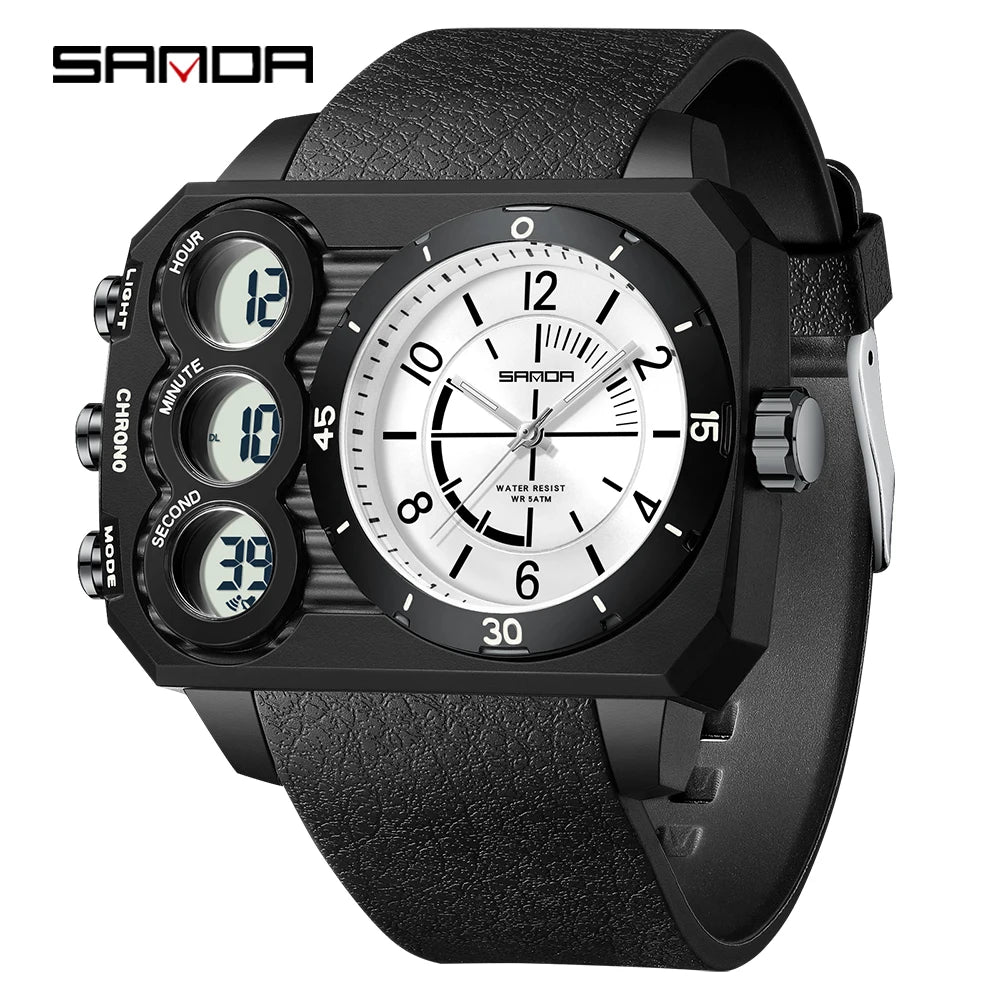 SANDA Men Watch Square Big Dial Waterproof Double Display Wristwatch Man Chronograph Digital Clock Men's Military Quartz Watches