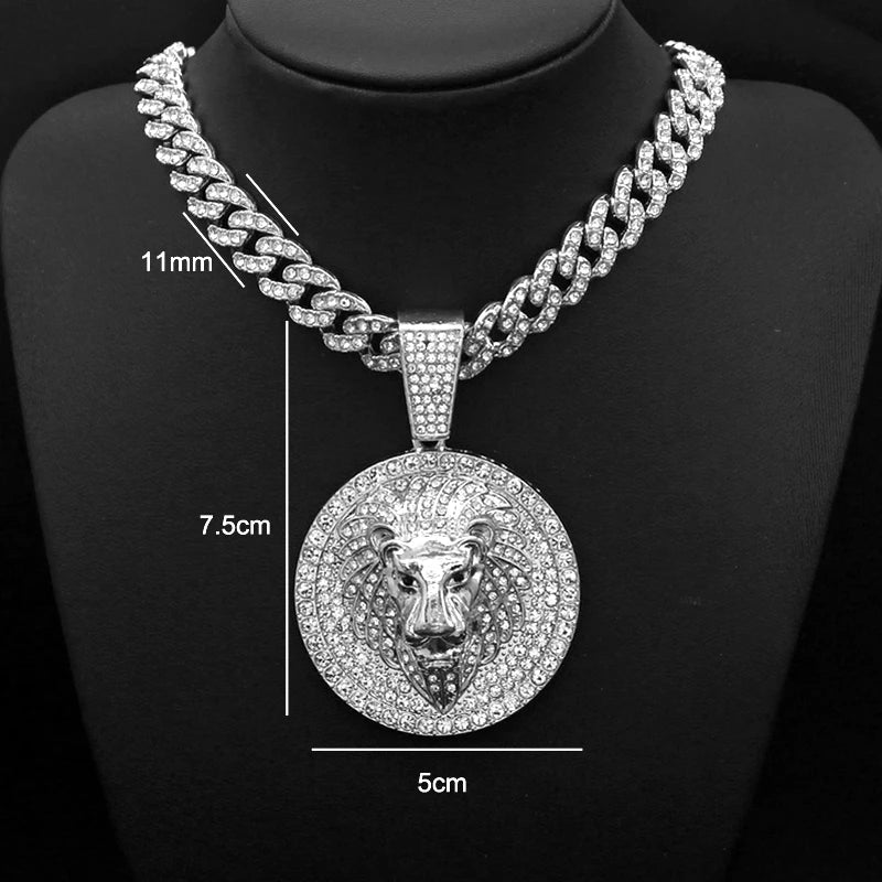 Hip Hop Big Lion Head Pendant Necklace Cuban Chain Necklace For Women Men Iced Out Full Rhinestone Necklace Jewelry Gifts