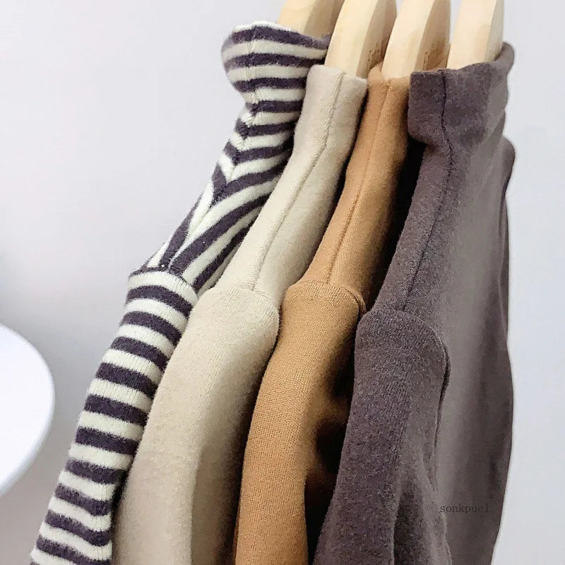 Autumn Winter Baby Boy Girl Solid Long Sleeve Bottoming Shirt Children Turtleneck Casual Tshirt Kid Striped Top Clothes