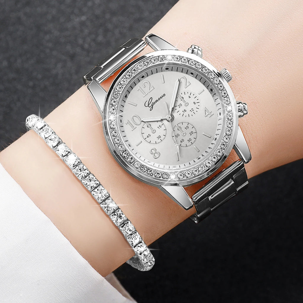 6PCS/Set Women's Watch Fashion Silver Steel Band Analog Quartz Watches Diamond Jewelry Set（Without Box）