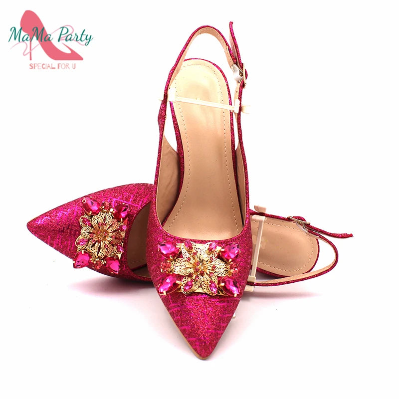 Fuchsia Color Italian Classics Design African Women Shoes and Bag Set High Quality with Shinning Crystal for Wedding Party