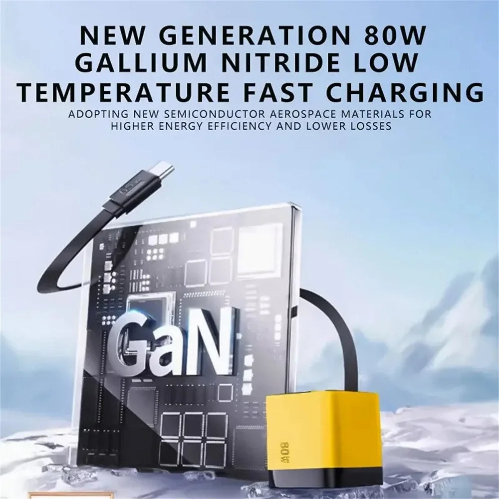 80W GaN USB Type C Charger Fast Charging With Built-in PD Cable USB C Quick Charger EU/US/UK Plug For iPhone 17 16 Xiaomi Huawei