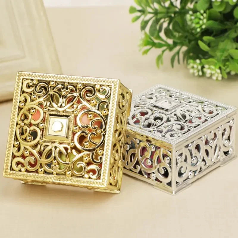 2Pcs Mini Treasure Jewelry Box Silver Hollow Flower Pattern Storage Case for Necklace Earring Ring