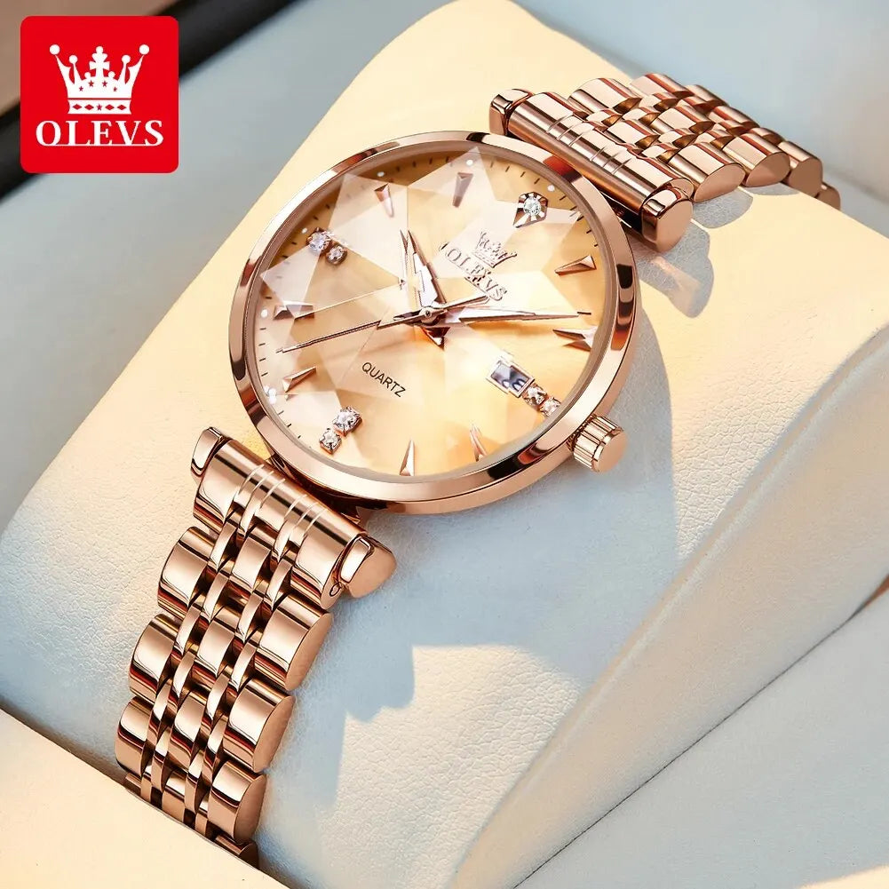 OLEVS 5536 Quartz Watch for Women Fashion Luxury Rhombus Mirror Rose Gold Stainless Steel Waterproof Luminous Ladies Wristwatch