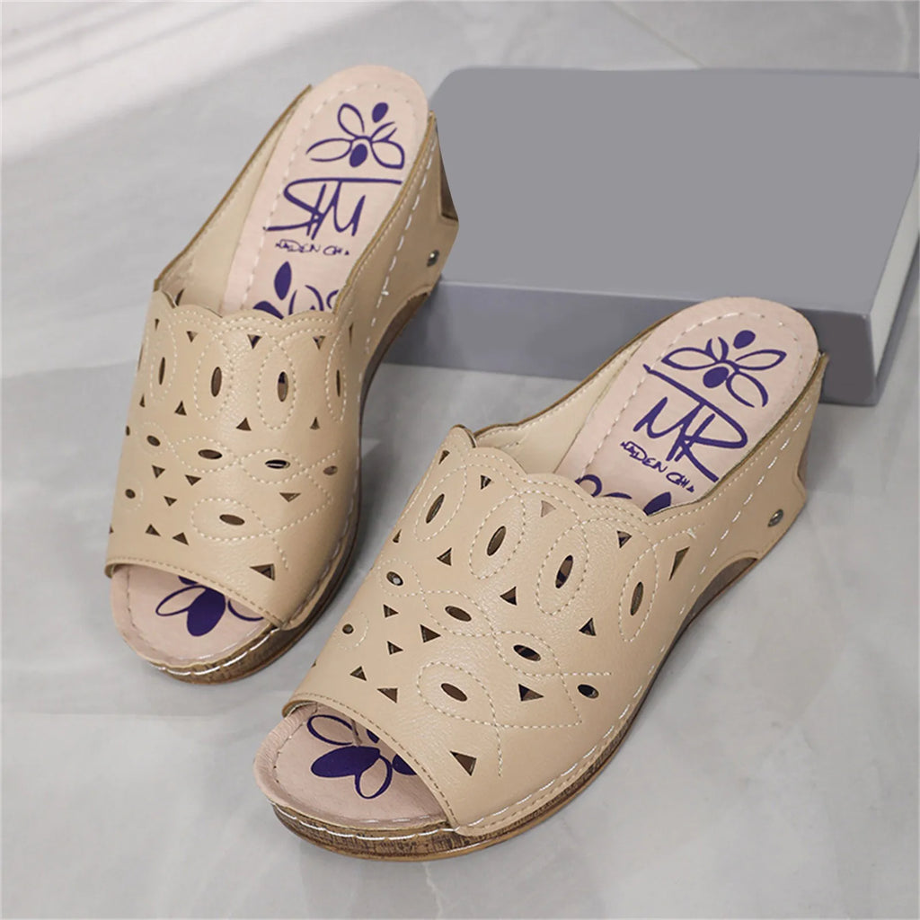 Women'S Sandals Summer 2024 Leather Hollowed Out Fish Mouth Sloping Heel  Roman Sandals Fashionable Solid Color Slippers Heels