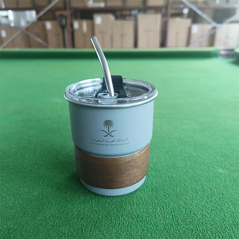 National Emblem of Saudi Arabia Logo Stainless Steel Cup Beer Mug with Lid wood 300ml Outdoor Camping Coffee Mug Includes straw