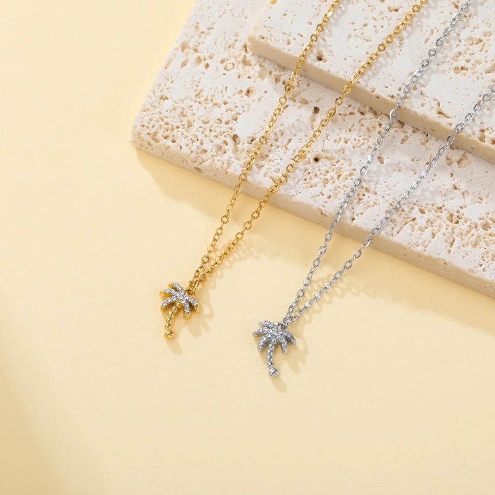Skyrim Clear Zircon Coconut Tree Pendant Necklace Stainless Steel Gold Color Chain Choker for Women Plant Jewelry Wholesale