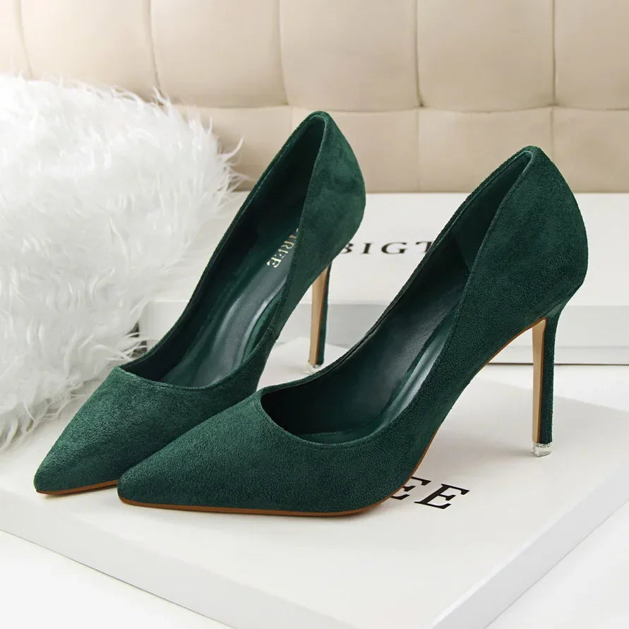 Women Elegant Flock Orange Purple Evening Banquet Party Pumps Lady Classic Scarpin New Burgundy 9cm High Heels Shoes Plus Size