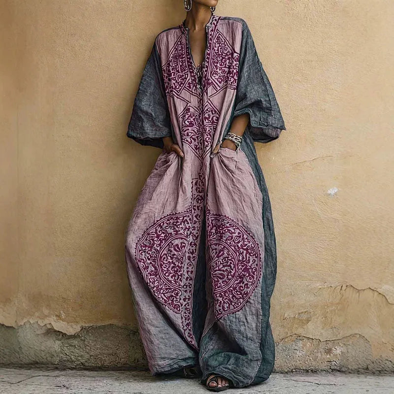 Womens Boho Ethnic Print Oversized Jumpsuit V Neck Batwing Wide Leg Long Pantsuit New Vintage Loose Vacation Romper With Pockets