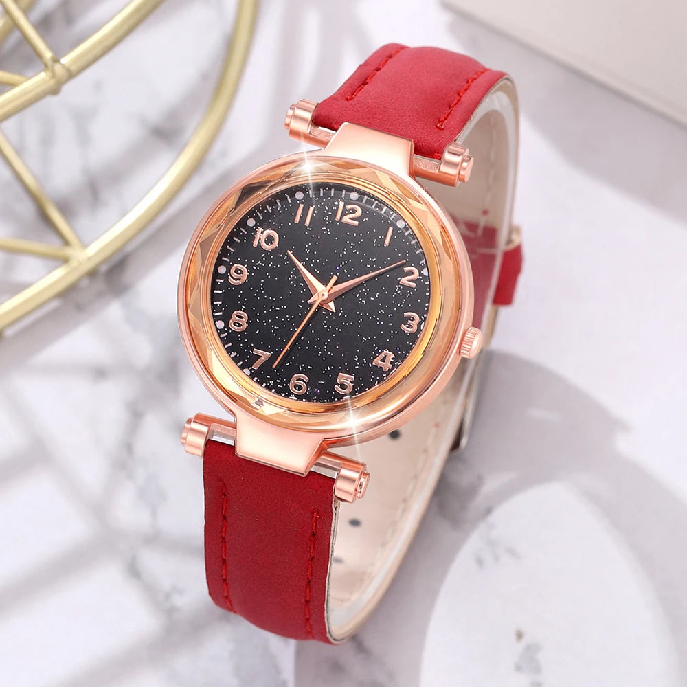 5/6 PCS/Set Red Women's Watch With Minimalist Elements Dial Quartz Watch Latex Strap Cherry Elements Jewelry Set Girl's Gift