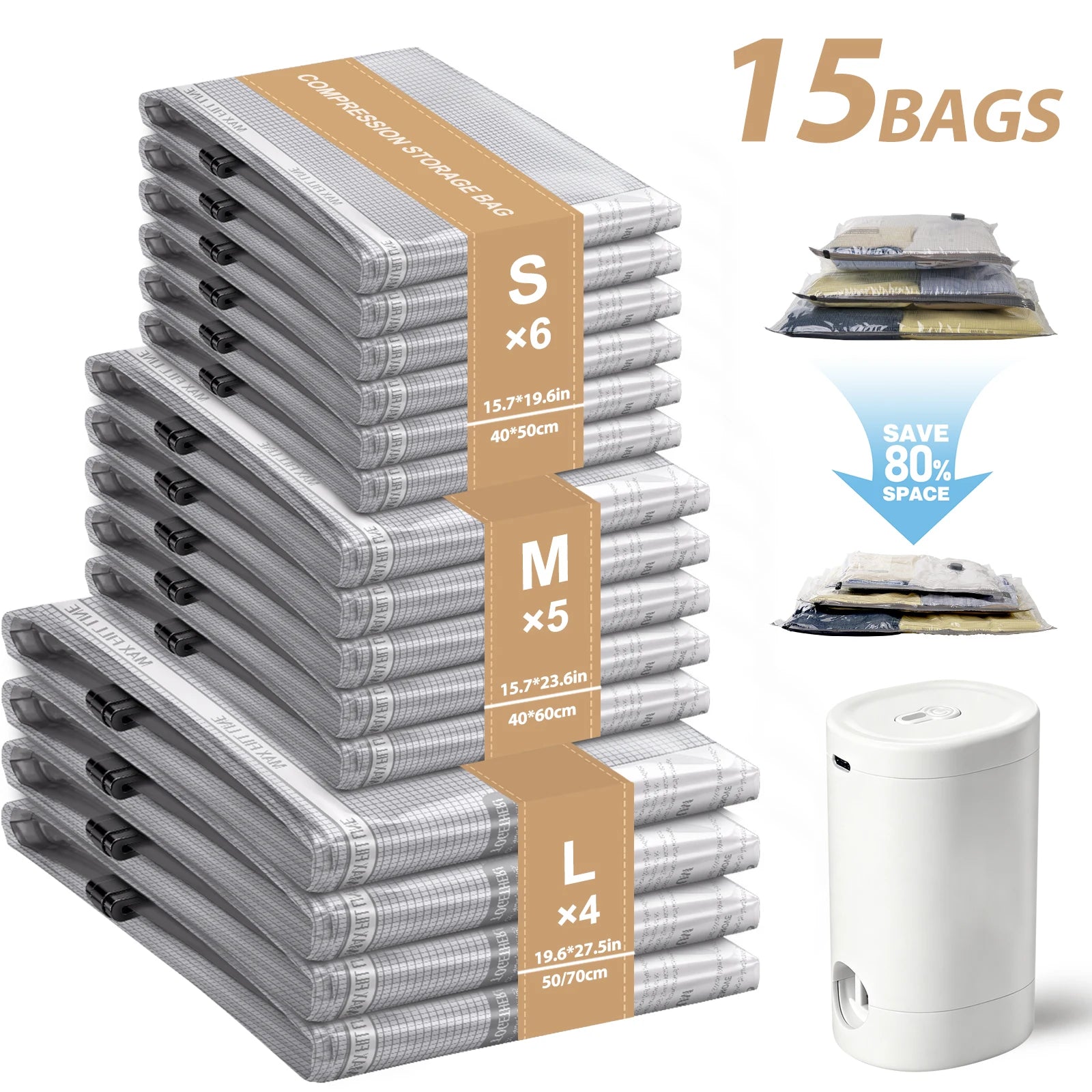 15 Pack Vacuum Bags for Travel with Rechargeable Air Pump, Vacuum Storage Bags Space Saver, Carry-on Size Vacuum Compression Bags for Clothes, Bedding