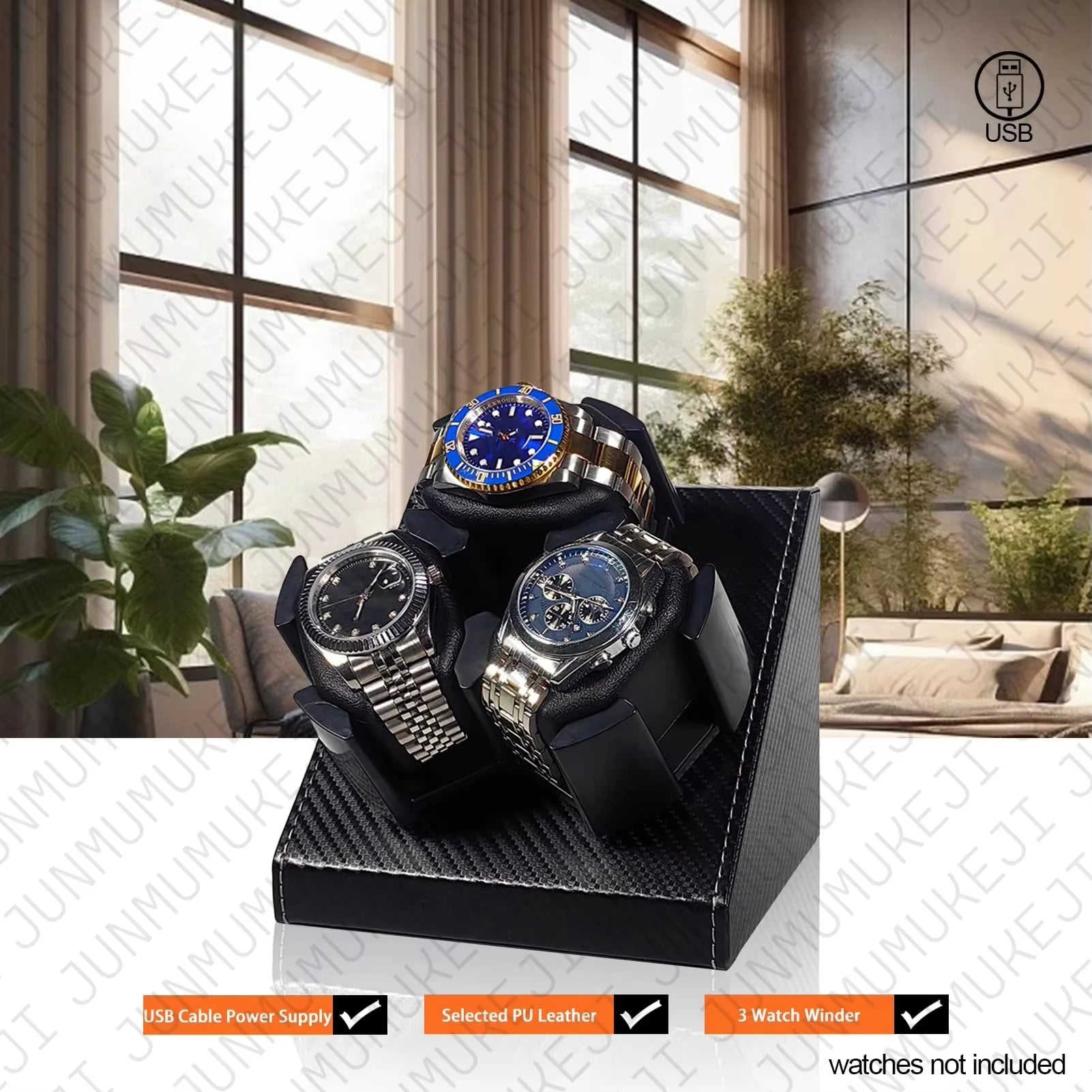 Watch Winder for Automatic Watches Box 3 Watches PU Leather Rotating Storage Display Automatic Winding Universal USB Power 5V1A