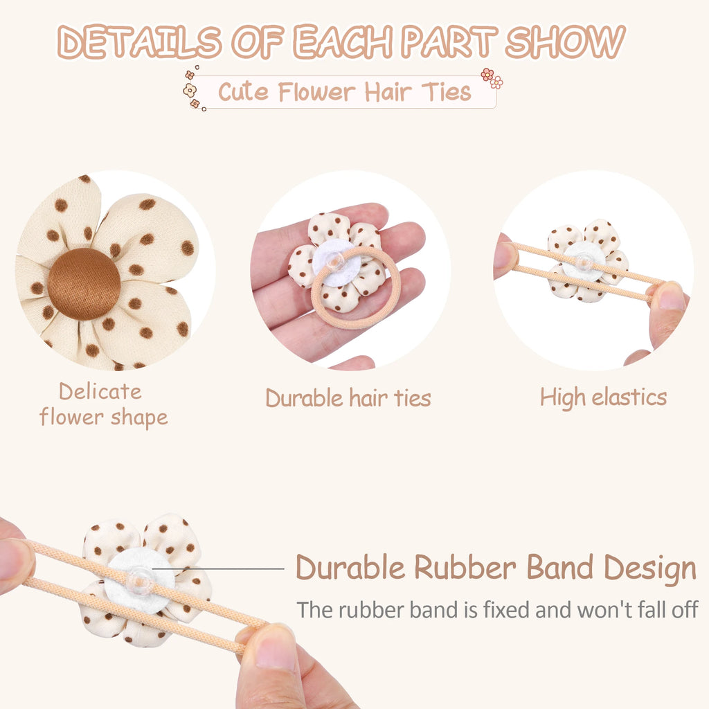 8/10Pcs Boutique Childrens Hair Ties with Flowers, Hair Bow Ties for Girls, Elastics Ponytail Holders Pigtails Rubber Band