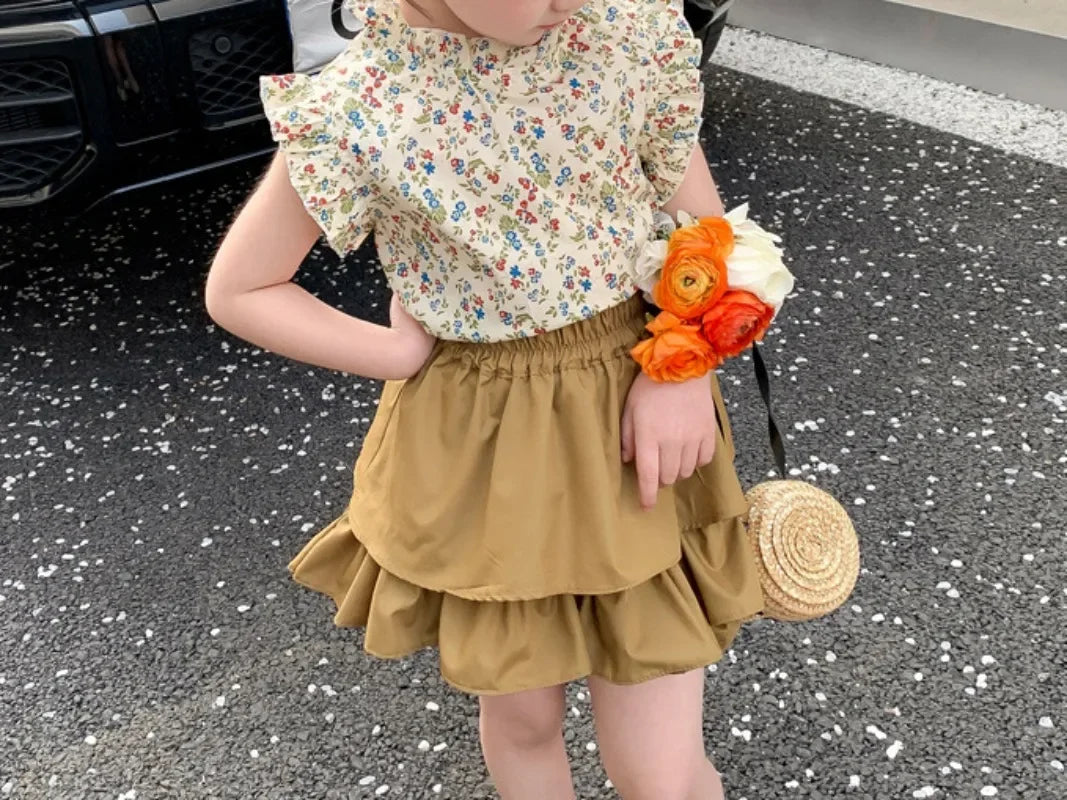 2PCS Girls' Suit Summer 2025 New Children's Summer Dress Baby Girl Fashionable Children's Top+Skirt Two-Piece Set