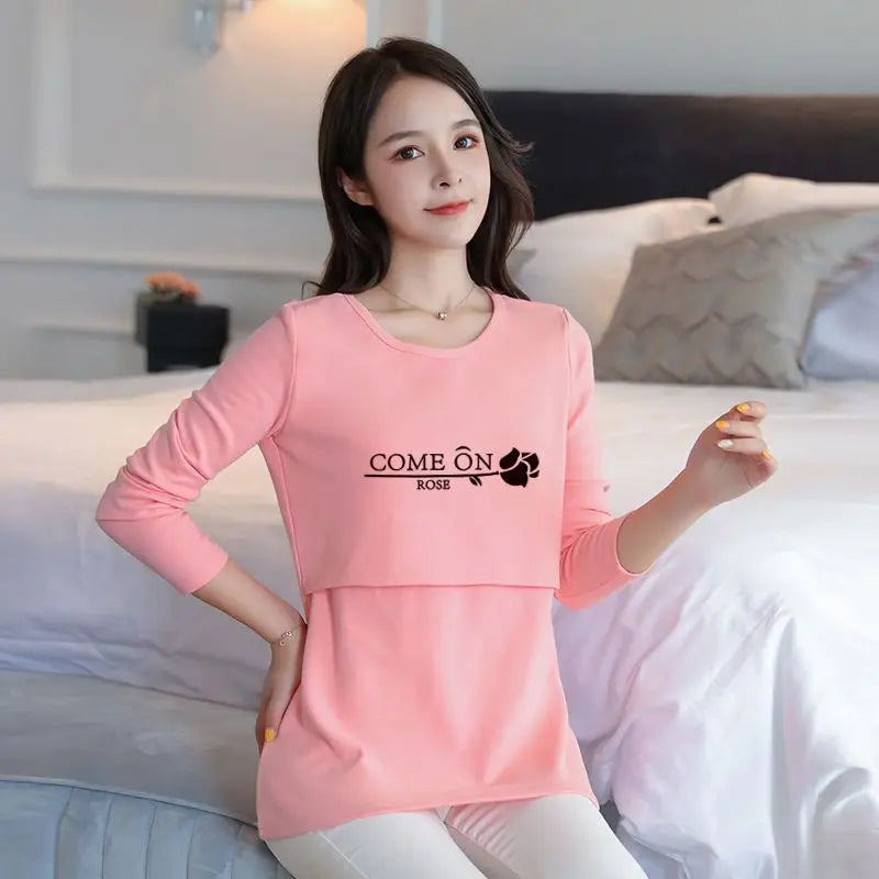 2025 Autumn Long Sleeve O-neck Postpartum Women Nursing T-shirt Maternity Breastfeeding Top Pregnancy Lactation Tees 7 Colors