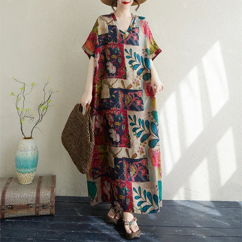 V-Neck Loose Cotton Linen Beach Skirt Summer Casual Long Dress Cover up Retro Style Holiday Fashion plus Size Women's Dress