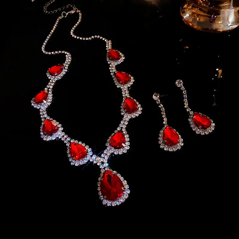 Sparkling Rhinestone Necklace Drop Earrings For Women Geometric Water Droplet Pendant Necklaces Wedding Bride Jewelry Sets