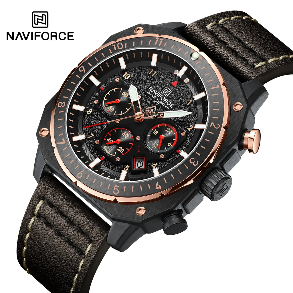 NAVIFORCE Sports Multifunction Waterproof Watches for Men Fashion Leather Luxury Brand Quartz Analog Luminous Square Wrist Watch