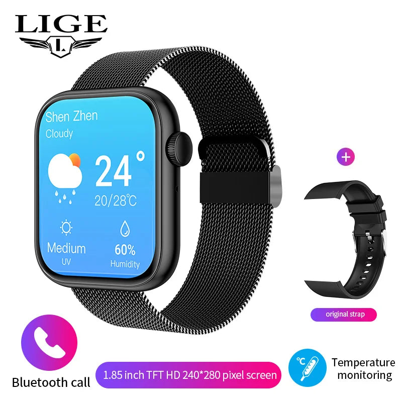 LIGE New Women Smart Watch 1.85 Full Touch Bluetooth Call Smart Wristwatch Body Temperature Watch Sports Bracelet Men Smartwatch