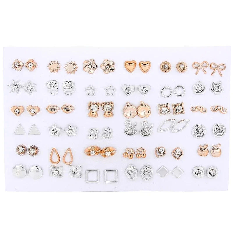 36pairs/set Silver Color Flower Stud Earring Set For Women Girl Crystal Bear Animals Earrings Jewelry Gift Mix Styles