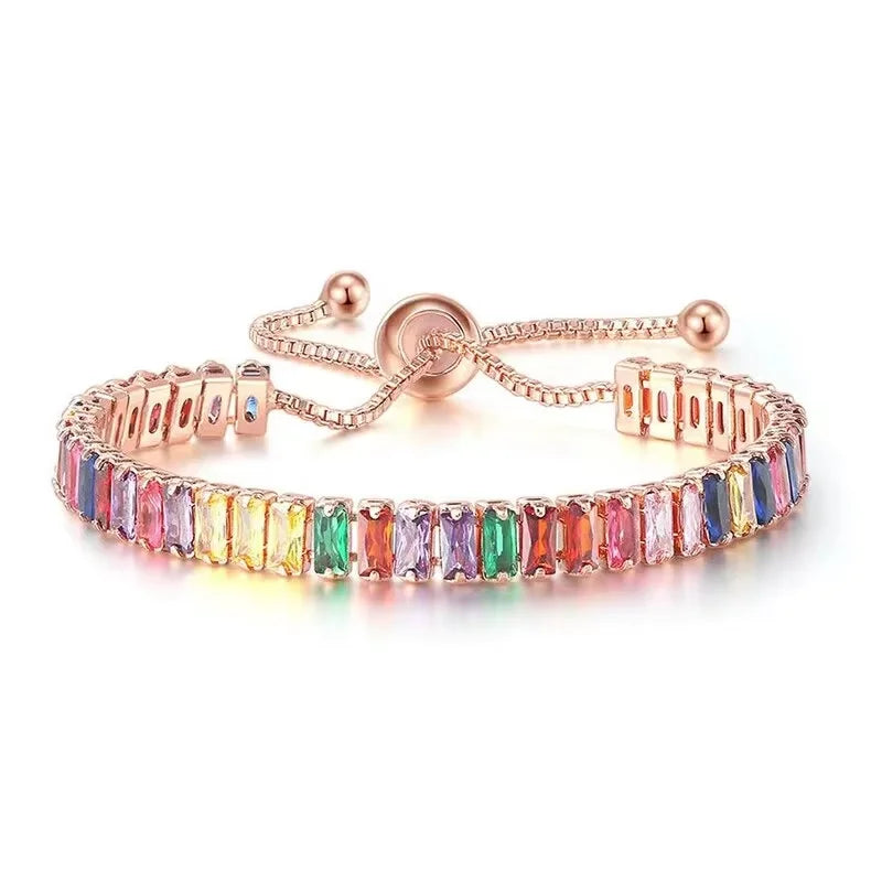 Rose Gold Adjustable Slider Bracelet for Women Colorful/Blue White Tennis Bracelet Fashion Dainty Crystal Bracelets Jewelry Gift