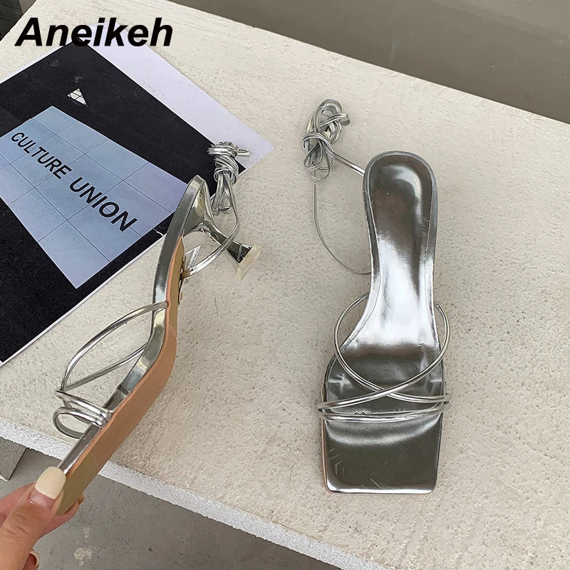 Aneikeh 2025 Fashion Patent Leather Sandals Thin Low Heel Cross-tied Lace Up Rome Summer Gladiator Women Narrow Band Party Shoes