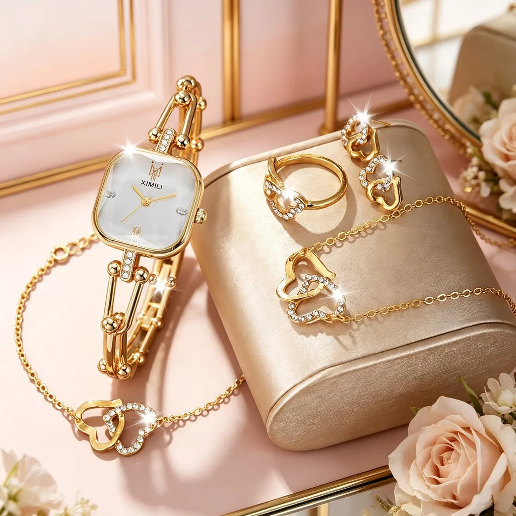 6pcs Elegant Square Women Quartz Watch Jewelry Set Fashion Ladies Wristwatches Rhinestone Necklace Ring Earring Accessories Gift