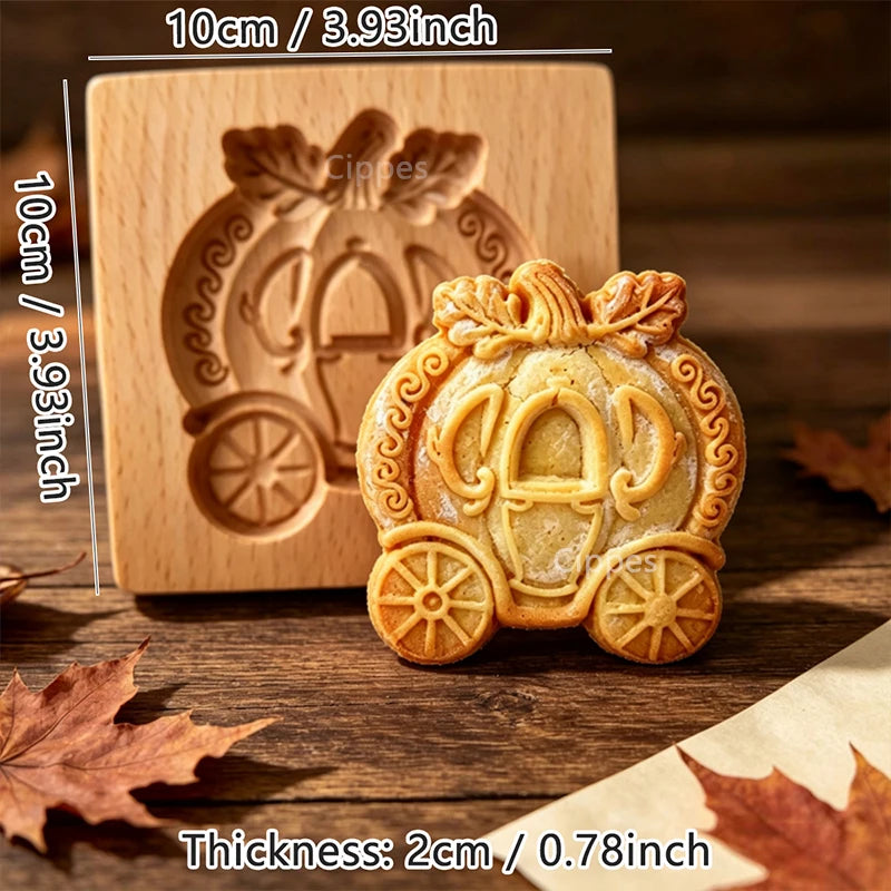 Wooden Cookie Mold Press for Baking, 3D Carved Beechwood Gingerbread Stamp, Halloween Pumpkin Ghost Embossing Cookie Cutter Mold