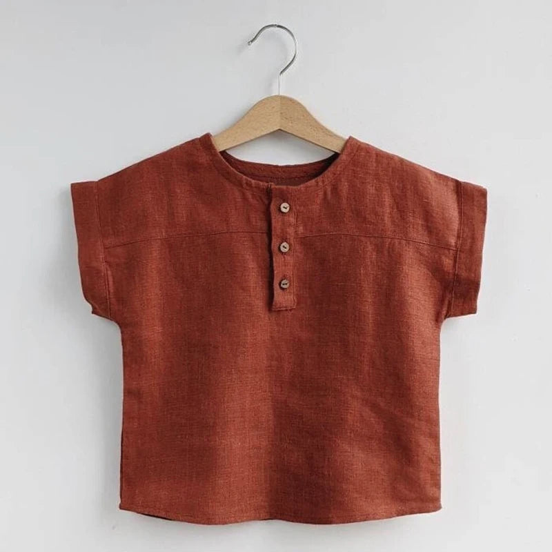 Boys Cotton And Linen Striped Casual T-Shirt 2026 Summer New Children's Round Neck Buttons Short-Sleeved Linen Tops TZ417