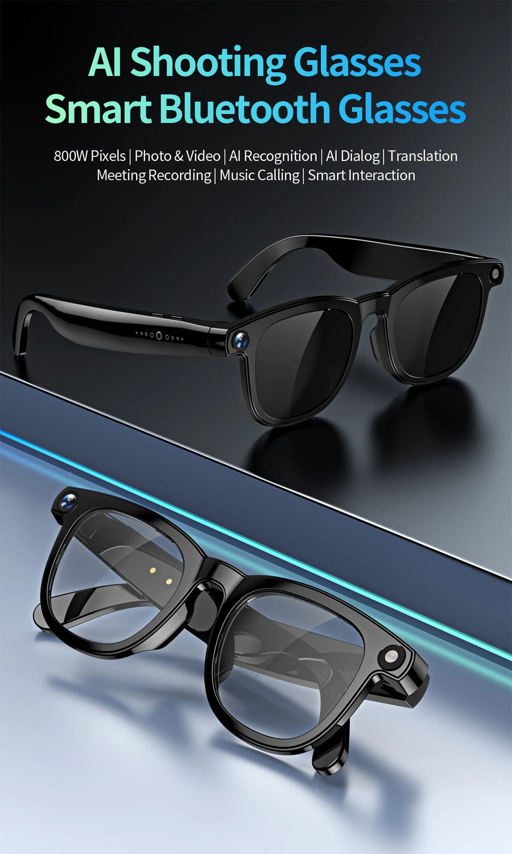 2 In1 4K Smart AI Glasses 800W Pixel AI Shooting Camera HD Photo Video Voice Call Translation Waterproof Bluetooth AI Glasses