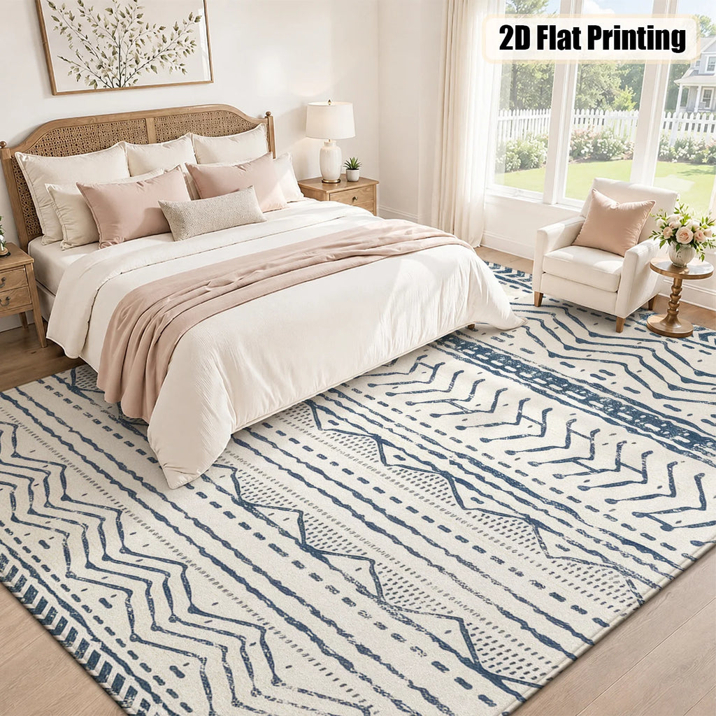 Large Indoor Area Rug: Soft Velvet, Low Pile, Non-Slip Dotted Backing, Machine Washable Navy Blue Tribal Geometric Zigzag Striped Rug for Living Room, Bedroom, Entryway