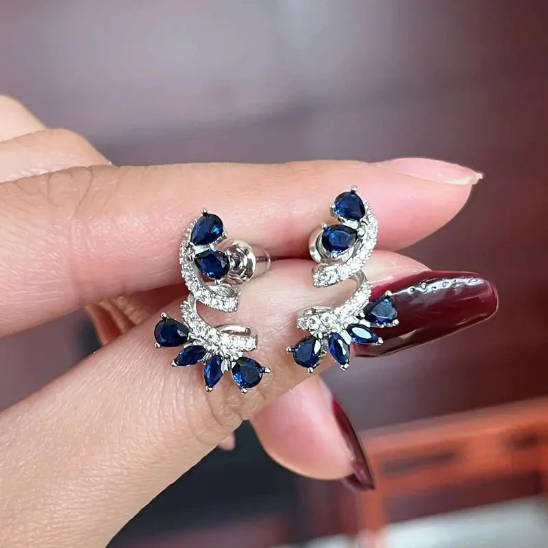 Shining Blue Zircon Flower Earrings for Women's Temperament, Banquet Jewelry, Anniversary Gift