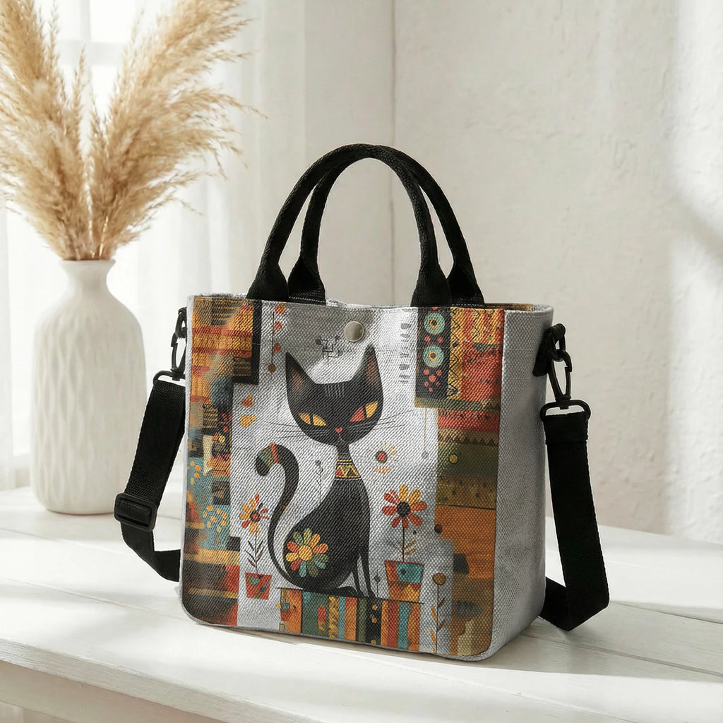 Abstract Geometric Floral Black Cat Art Print Tote Bag Detachable Strap Crossbody Handbag For Women Daily Shopping