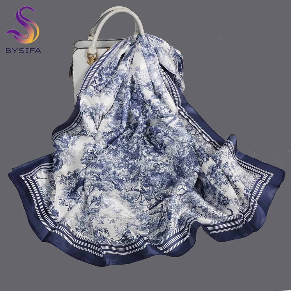 BYSIFA| Ultralarge Blue White 100% Mulberry Silk Scarf Beach Wrap Brand Female Long Scarves New Paisley Design Silk Scarf Shawl