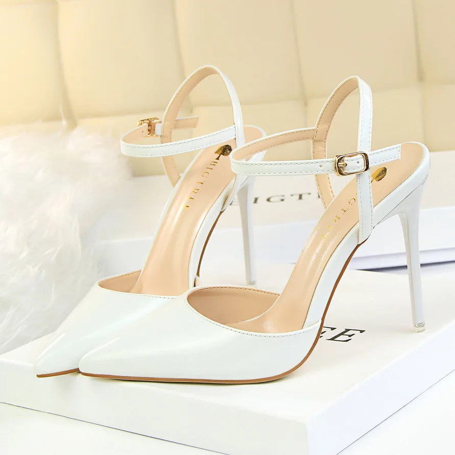 Women 10.5cm High Heels Sandals Lady Metallic Gray Patent Leather Stripper Ankle Strap Sandles Wedding Fetish Nightclub Shoes