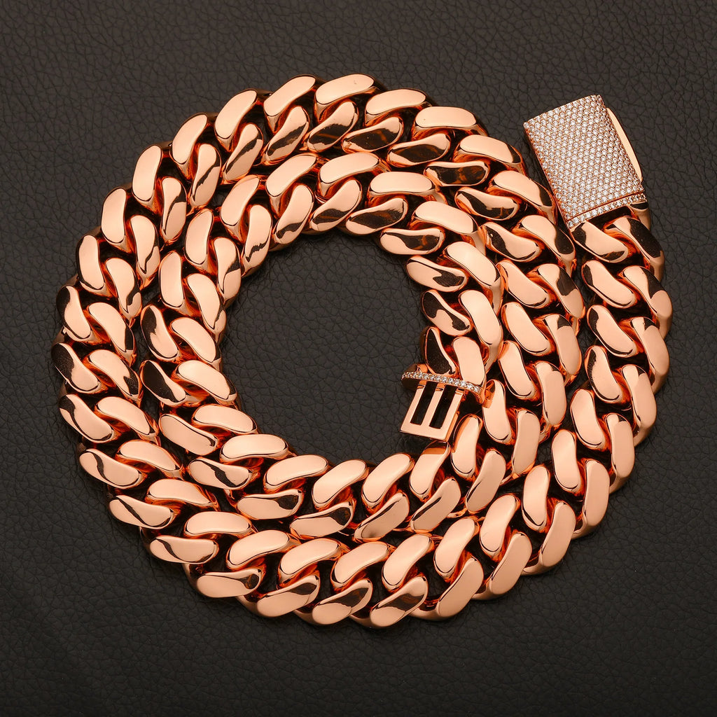 10-25mm Wide Hip Hop Bling Iced Out Round Cuban Miami Link Chain Necklaces for Men Rapper Jewelry Rose Gold Color