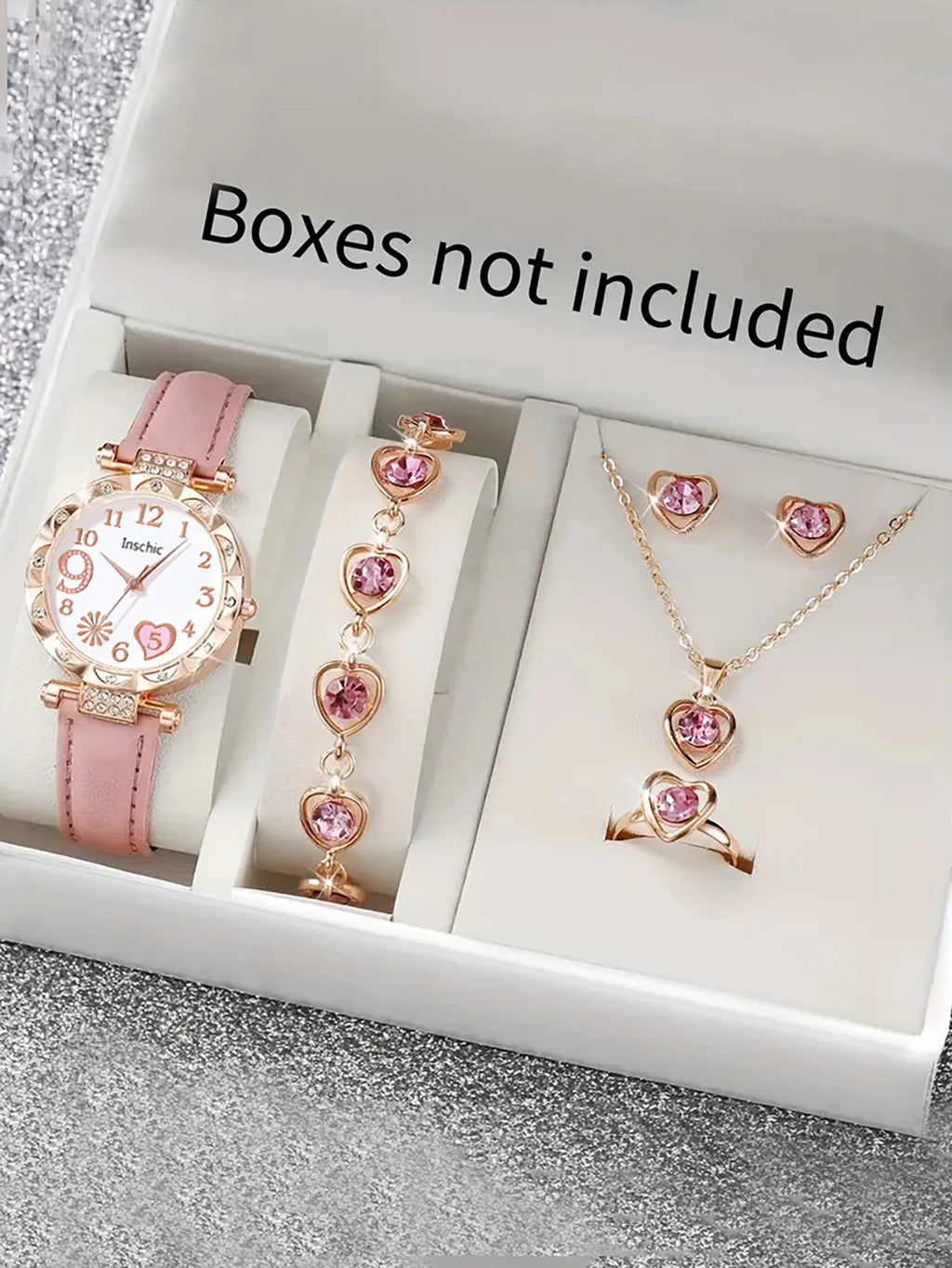 Women's Quartz Watch and Set of Inlaid Jewelry, Gift with Heart-Shaped Design, Does Not Include the Box