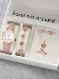 Women's Quartz Watch and Set of Inlaid Jewelry, Gift with Heart-Shaped Design, Does Not Include the Box