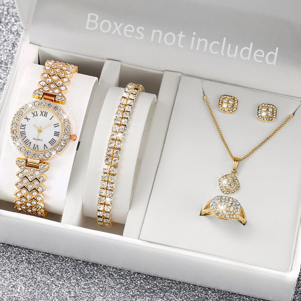 6PCS/Set Luxury Women Watches Fashion Rhinestone Roma Dial Bracelet Band Quartz Watch Jewelry Set Reloj Mujer（Without Box）