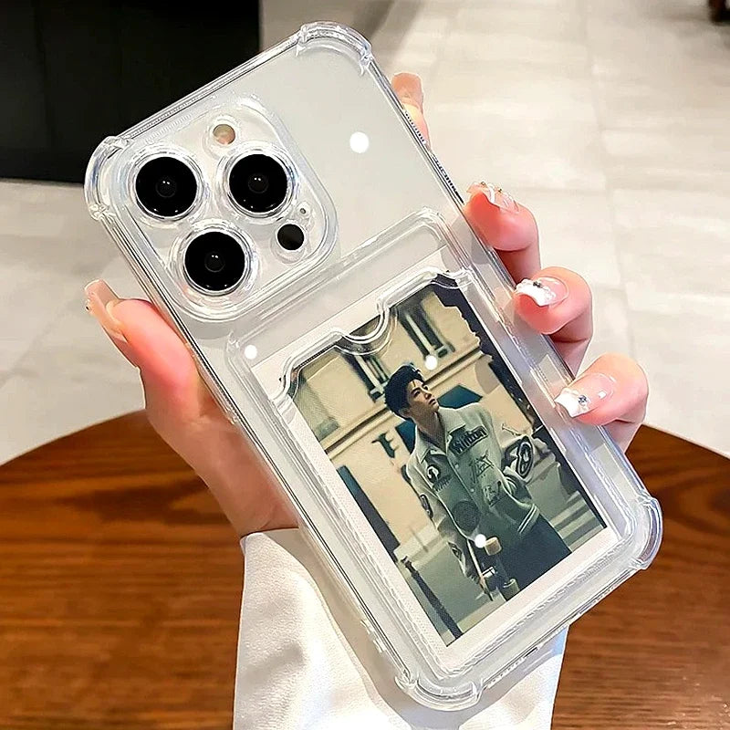 Transparent Card Bag Holder Phone Case For iPhone 11 12 13 14 15 16 17 18 Pro Max Plus AIr Wallet Shockproof Cover