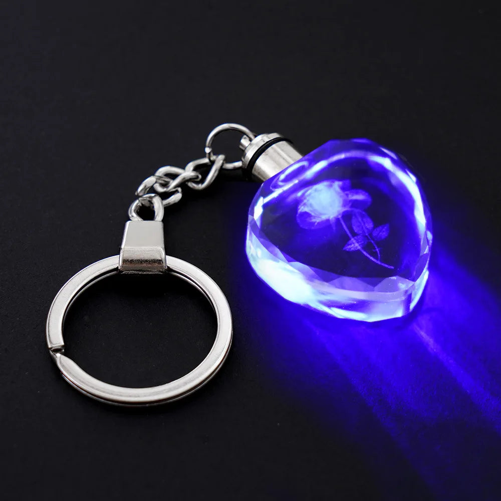 LED Light-Up Crystal Heart Keychain, 3D Rose Engraved Glowing Bag Charm, Romantic Gift for Her
