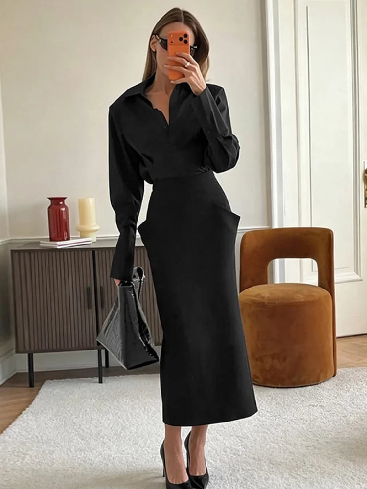 Structured Cut Pocket High Waist Midi Skirt Slim Fit Solid Color 2026 Autumn Fashion Elegant Women Bottom Trendy Chic Lady Skirt