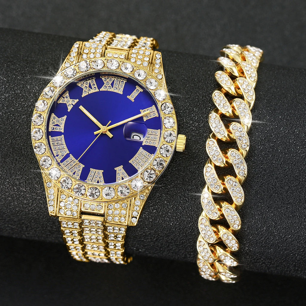 2PCS Luxury Rhinestone Men Watches Fashion Stainless Steel Band Male's Analog Quartz Watch Bracelet Set Relogios Masculino