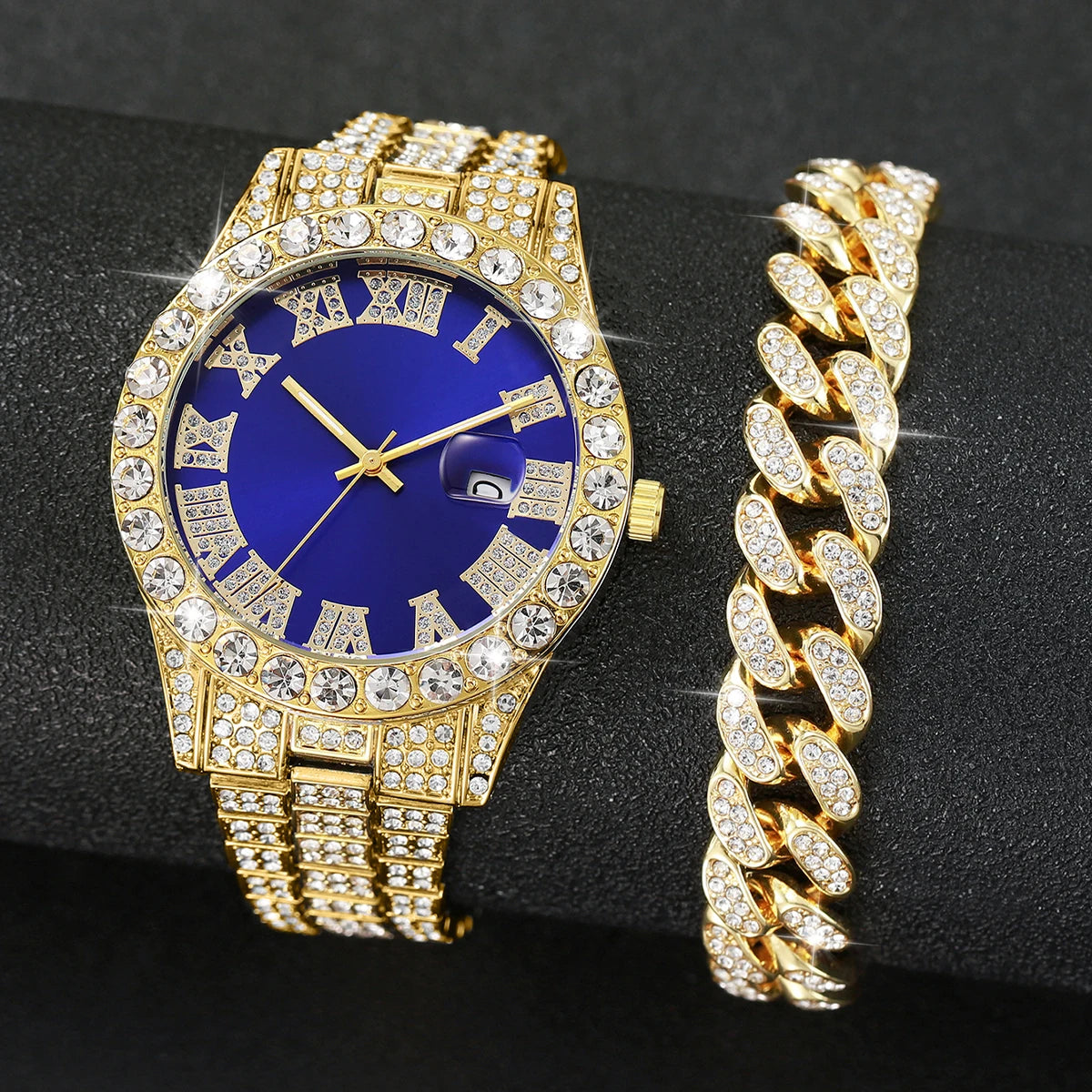 2PCS Luxury Rhinestone Men Watches Fashion Stainless Steel Band Male's Analog Quartz Watch Bracelet Set Relogios Masculino